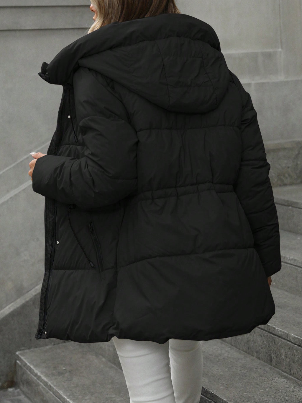 Casual Adjustable Waist Quilted Mid-Length Hooded Padded Padded Coat Clothes Winter For Women