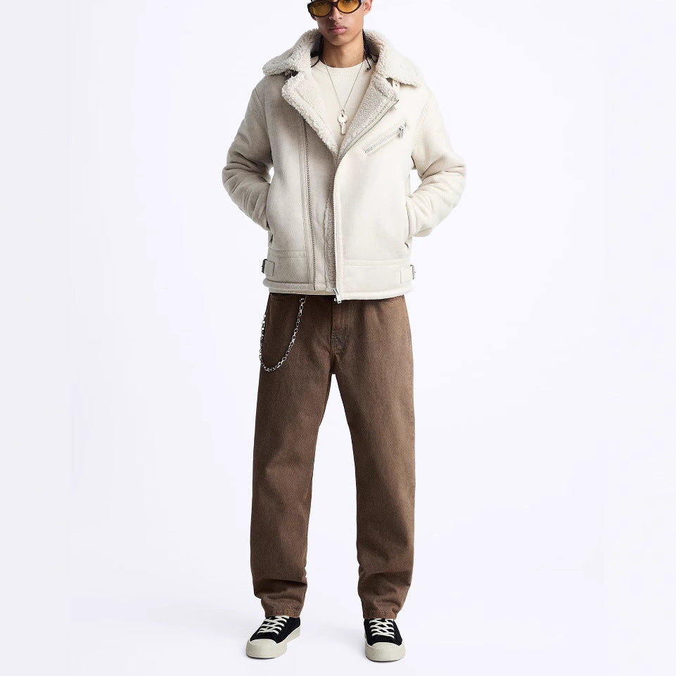 Men's Turn-Down Collar Suede Trim Double-Faced Coat 3548301