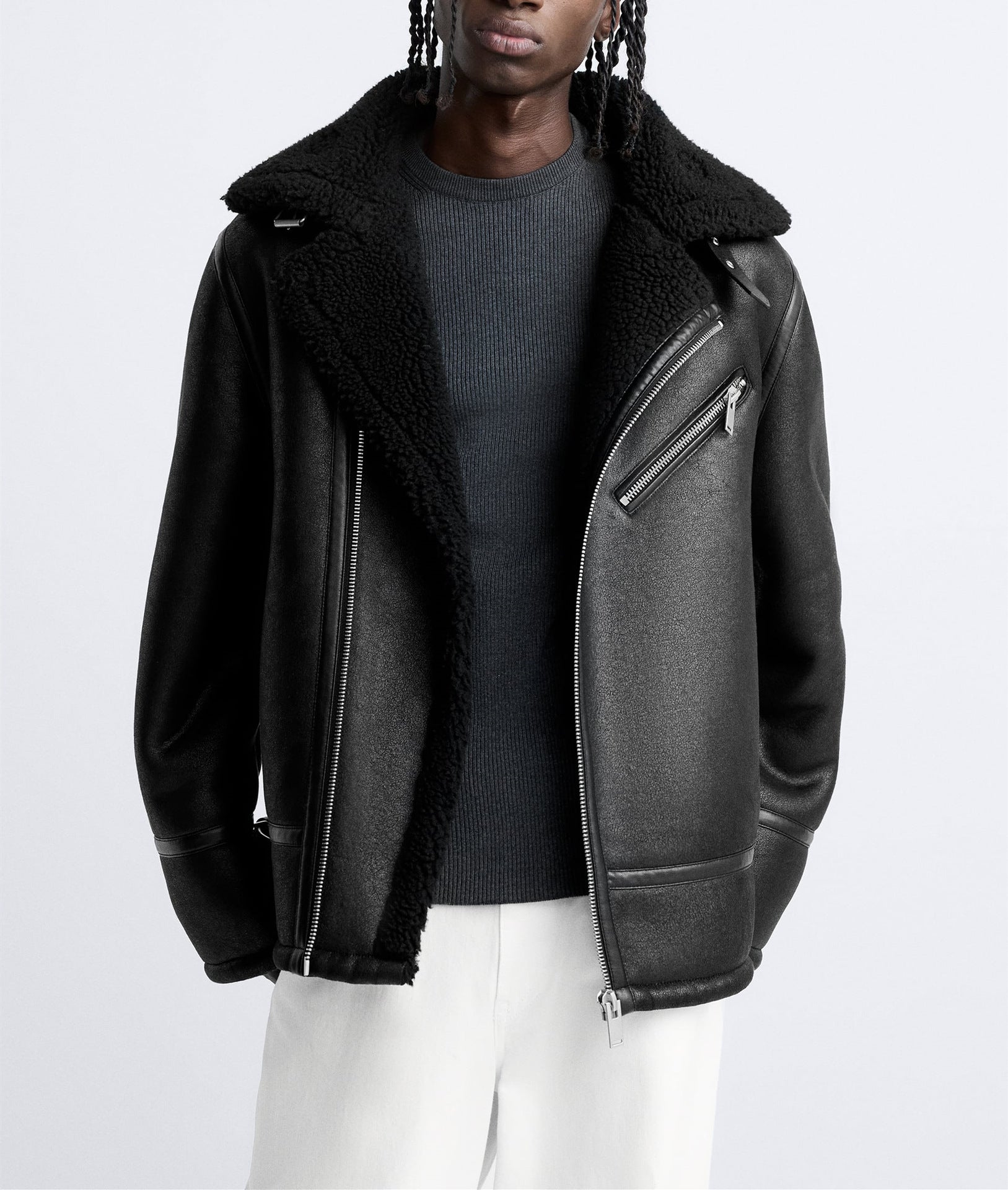 Men's Turn-Down Collar Suede Trim Double-Faced Coat 3548301