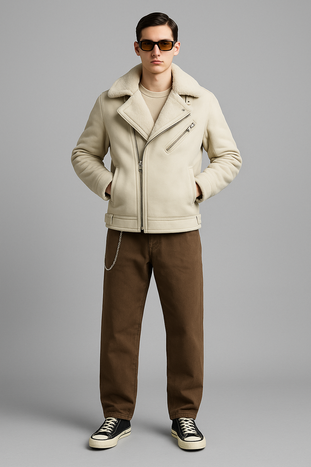 Men's Turn-Down Collar Suede Trim Double-Faced Coat 3548301